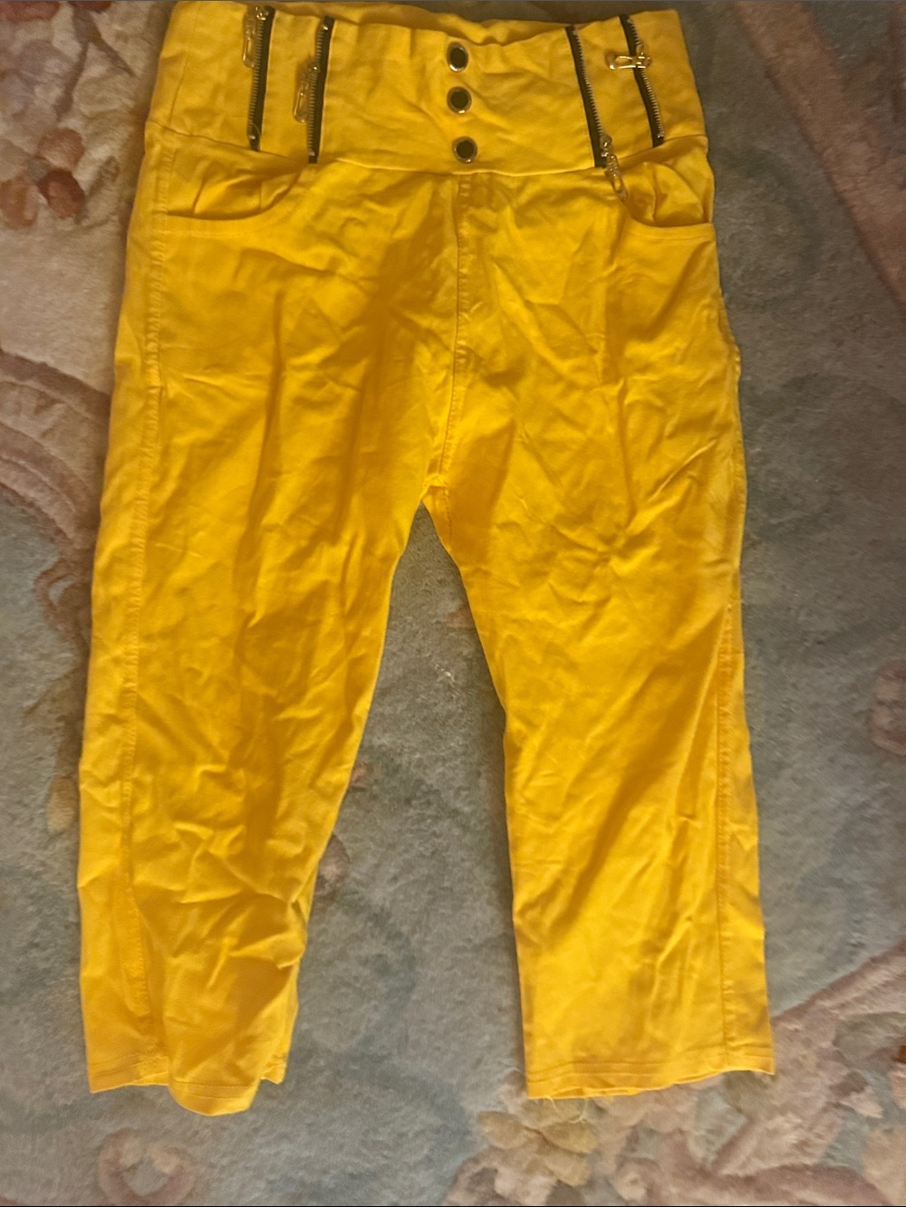 High-Rise Yellow Men's Pants with Zip Accent